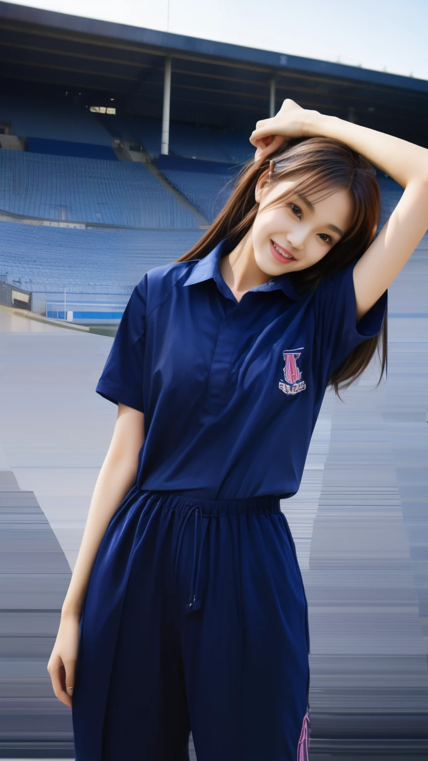 (bestquality,10,10,highres,masterpiece:1.2),ultra-detail,(Realistic,photorealistic portrait,photo-realistic:1.37),1 Cute girl in the football field,oily shiny skin,bara,light smile,BDclothes,((blue shirt:1.3)),short sleeves,shirt, trousers.,(navy_long_Pants Track:1.1), ((Stadium Background:1.3)),dynamic angle,excited,face focus,Dynamic Poses,from behide,Ass Focus,masterpiece, bestquality, ultra realistic, hyper-detail, 8k resolution, RAW photo, crisp focus, ((Navy blue shirt:1.1)), short sleeves, Long Path, Perfect body, 2 mature women, 18yo, cinematic light,Blue sweatpants,Gymware,Correct anatomy,Complete body, Correct body, sharp face, Anatomically correct body, full entire body, Realistic gestures, long-haired, Realistic poses,Wear long shorts................,Long leg span,Shapely,Sculpting Girl, Slender Figure, mannequin mannequins, Shapely, Beautiful body,Blue sweatpants, Two girls kissing