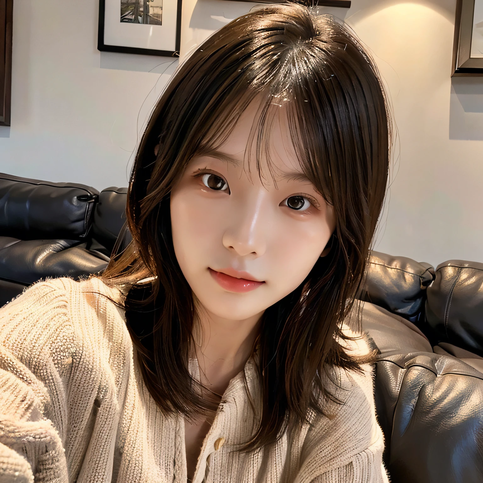 selfie, (Photoreal: 1.4), (Smooth lighting: 1.05), (Image enhancement: 1.4), ( Top quality real skins: 1.4), 20-year-old, asian, comfortable clothing, living room scene, sitting on a couch, selfie, closeup of face