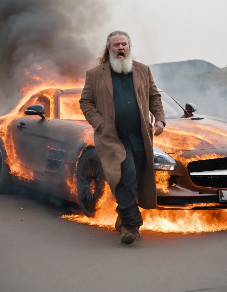 Angry fat old running man with a long beard in a burning mercedes sls amg factory with explosions, intense