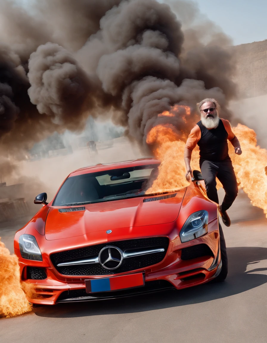 Angry fat old running man with a long beard in a burning mercedes sls amg factory with explosions, intense