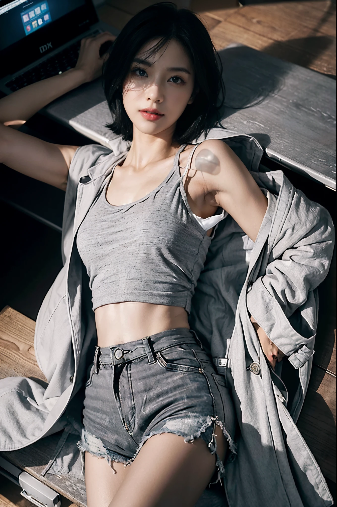 ((shoulder-length straight black bob hair)),Upper body,((Extremely meticulous CG)),(8k),(wallpaper),((Extremely refined and beautiful))，（(Masterpiece)),((best qualtiy)),((Ultra High Resolution))，beautiful light up，Perfect lightning，realistic shaded，[A high resolution]，Smooth and flawless fair skin，Extremely exquisite facial details，（perfect body：1.1），ultra - detailed,A beautiful girl，small head,small face,(Small breasts:1.1)，Flat chests，slim，thin，Smile，cheerfulness,(doctor's white coat:1.5),(underneath the coat is light gray tank top:1.4),(see through light gray shorts:1.3),Morning,A female doctor,wearing glasses,Medical mask,In a dilapidated hospital，In the office,(lying flat on back on a computer table:1.5),cowboy shot,from above