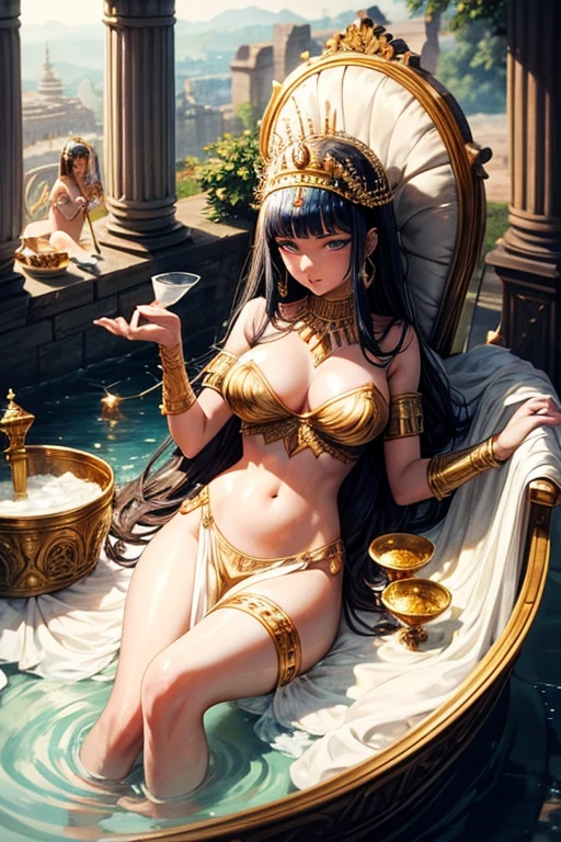 A famous scene that can be depicted is Cleopatra taking a milk bath, as said in legend.
The image may show the queen in a luxurious setting, surrounded by servants and containers of milk.