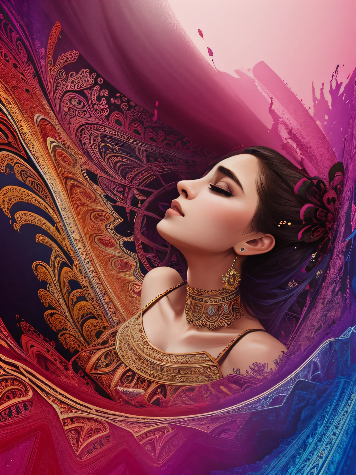 Arte Oficial, Unity 8k papel de parede, ultra detalhado, Beautiful and Aesthetic, master part, best quality, (Zemaranhar, mandala, emaranhado, emaranhar), (Arte Fractal:1.3) , 1girl, extremamente detalhado, Dynamic angle, tiro de cowboy, A mais bela forma de caos, elegante, um brutalista projetado, cores vivas, Romantismo, Atmospheric, ecstasy of musical notes, streaming musical notes visible