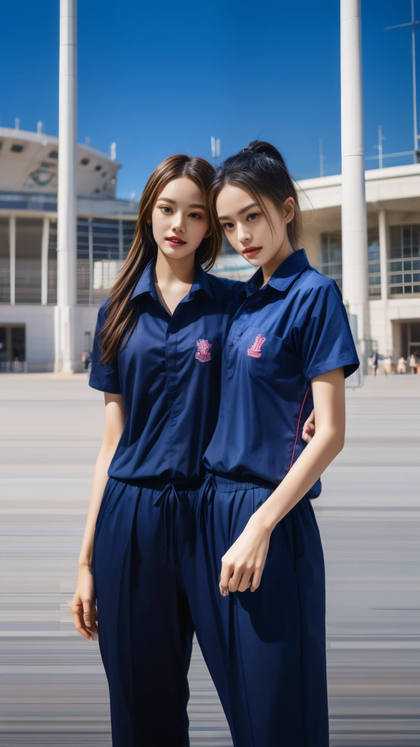 (bestquality,10,10,highres,masterpiece:1.2),ultra-detail,(Realistic,photorealistic portrait,photo-realistic:1.37),1 Cute girl in the football field,oily shiny skin,bara,light smile,BDclothes,((blue shirt:1.3)),short sleeves,shirt, trousers.,(navy_long_Pants Track:1.1), ((Stadium Background:1.3)),dynamic angle,excited,face focus,Dynamic Poses,from behide,Ass Focus,masterpiece, bestquality, ultra realistic, hyper-detail, 8k resolution, RAW photo, crisp focus, ((Navy blue shirt:1.1)), short sleeves, Long Path, Perfect body, 2 mature women, 18yo, cinematic light,Blue sweatpants,Gymware,Correct anatomy,Complete body, Correct body, sharp face, Anatomically correct body, full entire body, Realistic gestures, long-haired, Realistic poses,Wear long shorts................,Long leg span,Shapely,Sculpting Girl, Slender Figure, mannequin mannequins, Shapely, Beautiful body,Blue sweatpants, Two girls kissing