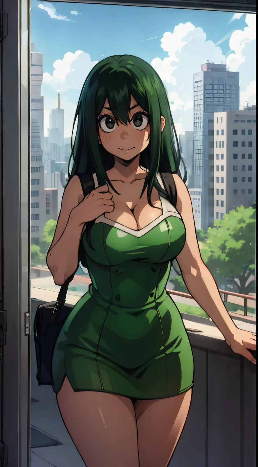 (best quality:1.3), Tsuyu Asui by boku no hero , (looking at the view), busty, cleavage, seductive, sexy, curvy body, ((city)) ,