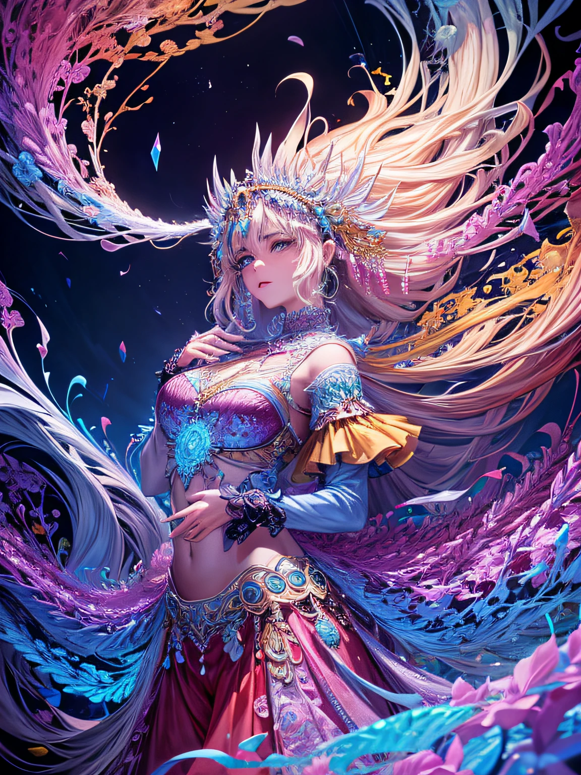 Arte Oficial, Unity 8k papel de parede, ultra detalhado, Beautiful and Aesthetic, master part, best quality, (Zemaranhar, mandala, emaranhado, emaranhar), (Arte Fractal:1.3) , 1girl, extremamente detalhado, Dynamic angle, tiro de cowboy, A mais bela forma de caos, elegante, um brutalista projetado, cores vivas, Romantismo, Atmospheric, ecstasy of musical notes, streaming musical notes visible