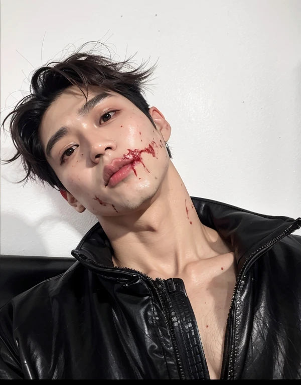 homem arafado com sangue no rosto e nariz, Cai Xukun, rosto limpo e brutal ensanguentado, Wonbin Lee, Jinyoung Canela, Yanjun Chengt, TaeJune Kim, Kim Siwoo, rosto esmagado, Artista coreano, Hong June Hyung, inspirado em Yanjun Cheng, foto de perfil, Ulzzang macho, his eyes are bleeding intense