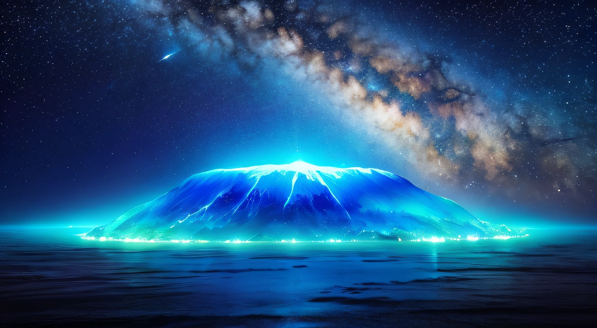 A small island suspended in the sky. The upper half is blue sky and the lower half is the starry sky of the universe. A futuristic and creative painting.