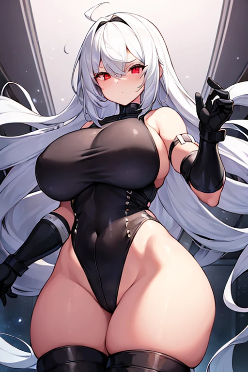 1girl, white hair, leotard, futuristic, bodysuit, thick thighs, wide hips, large breasts, breasts, long hair, red eyes, one-eye covered, serious, hair over one eye, hair over one-eye, science-fiction, thigh strap, sleeveless, black leotard, black clothes, black gloves