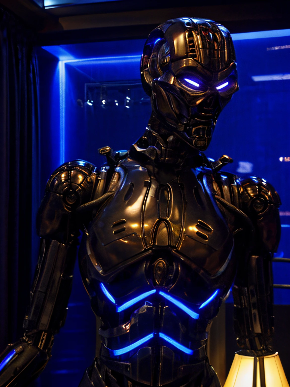 TX endoskeleton standing in a hotel bedroom, T-X endoskeleton closeup, zoomed in, ultra realistic, very high quality, night time, realistic lighting, (T-X Endoskeleton:1.1), detailed T-X, ultrarealistic T-X, photorealistic, deep focus, very detailed, sharp details, photorealistic background, ultra HD, 8K