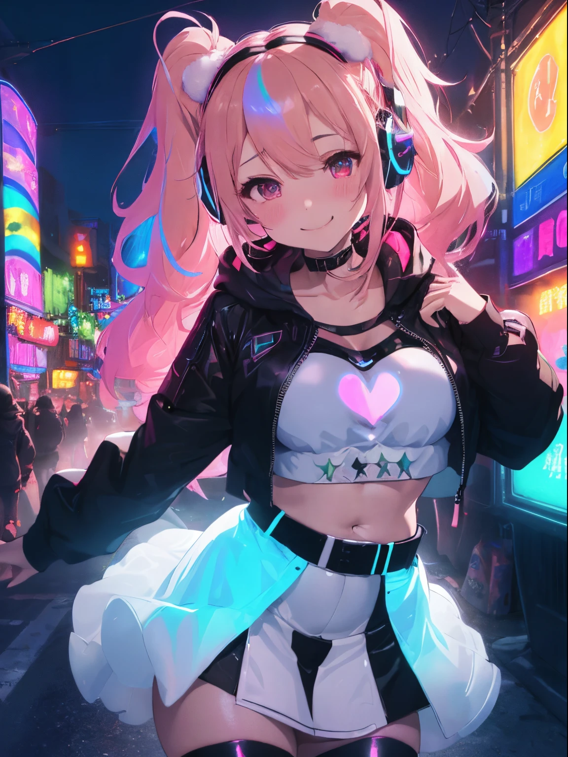 A world where neon lights shine with cyber techno,fluffy hair,light brown and iridescent hair,white,Irridescent color,rainbow,Wearing headphones,Navel style long sleeve tops,hoods,asymmetric skirt,garterbelts,Slight red tide,Lean forward and bring your face closer,Kamimei,plump and glossy skin,My chest is up,I&#39;m holding my chest with my hand,bold ballet,Smile on his face,AHE Face,ecstacy,A face full of pleasure,