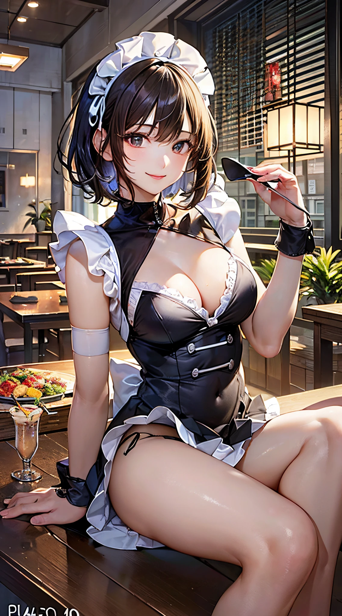 (perfect anatomy, anatomically correct, super detailed skin), 1 mature woman, solo, japanese, (detailed ultra-oily shiny skin:1.1), watching the view, (smile:1.5, happiness), 
beautiful hair, beautiful face, beautiful detailed eyes, brown eyes, (short hair:1.4, bob hair:1.2), bangs, hair between eye, light brown hair, (large breasts:1.2), (cute face), (Ideal ratio body proportions), 
beautiful clavicle, beautiful body, beautiful chest, beautiful thigh, beautiful legs, breast, bare foot, bare arm, slender, small buttocks, skinny legs, 
(stylish hair ornament, frilly maid style costume, (maid cafe costume, pleated mini-skirt:1.5, sheer thin panties:1.2)), 
(beautiful scenery), concafe, ((stylish maid cafe)), maid cafe popular staff, menu card, name tags, drinks, food, 
(8k, top-quality, masterpiece​:1.2, extremely detailed), (photorealistic), beautiful art, visual art, depth of fields, cinematic lighting, surrealism, elaborate design,