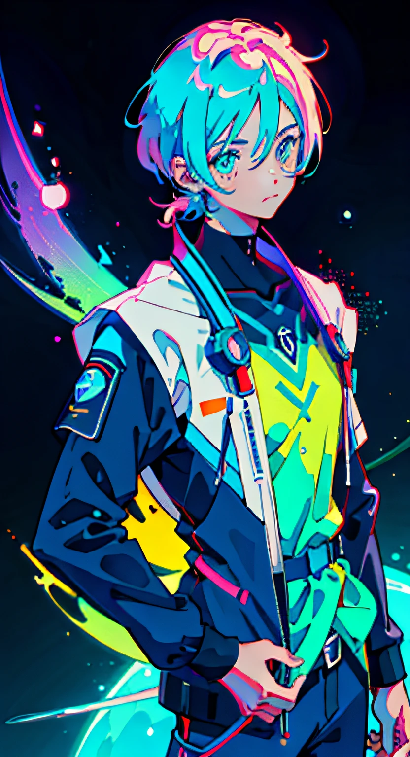 anime, vestindo traje de astronauta, cabelo azul neon, e cores rosa, Cicatrizes, Adesivos, estilo neon de tiro inteiro, Pose legal