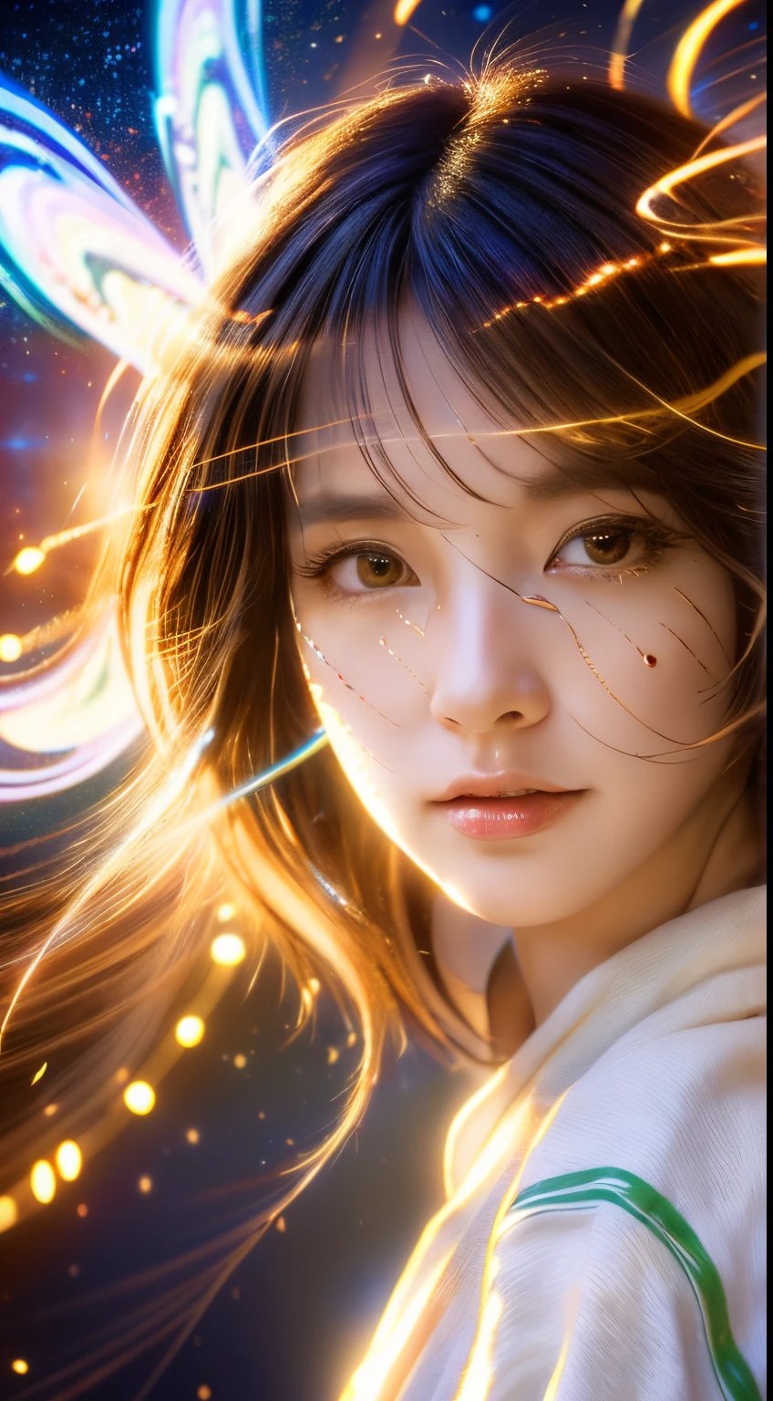 (masutepiece, of the highest quality, Best Quality, Official art, Beautiful and aesthetic:1.2), (1girl in), extremely detailed eye, (Fractal Art:1.3),  highest details, (Perfect face), Shiny skin, nffsw, (White cloak golden lines:1.2), Galaxy, (light streaks), striking visuals, (Dynamic streaks, luminous trails:1.2), Vibrant colors, (phoenix), (shenron)