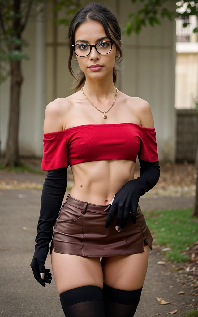 (8K, Masterpiece, RAW photo, Best quality, detail:1.3), (ultra realistic:1.4, scenary, 8K), Depth of field, Cinematic light, (ultra realistic face), (1 ultra skinny girl:1.7), (Beautiful and elegant girl), (tight red miniskirt:1.5), (girl with glasses), (latina face:1.4), (natural abs), (full body:1.5), (off-shoulder tight black minitop:1.4), (small necklace, collarbone:1.1), (ultra detailed skin:1.3), (tight small gloves:1.2), (tight black stockings)