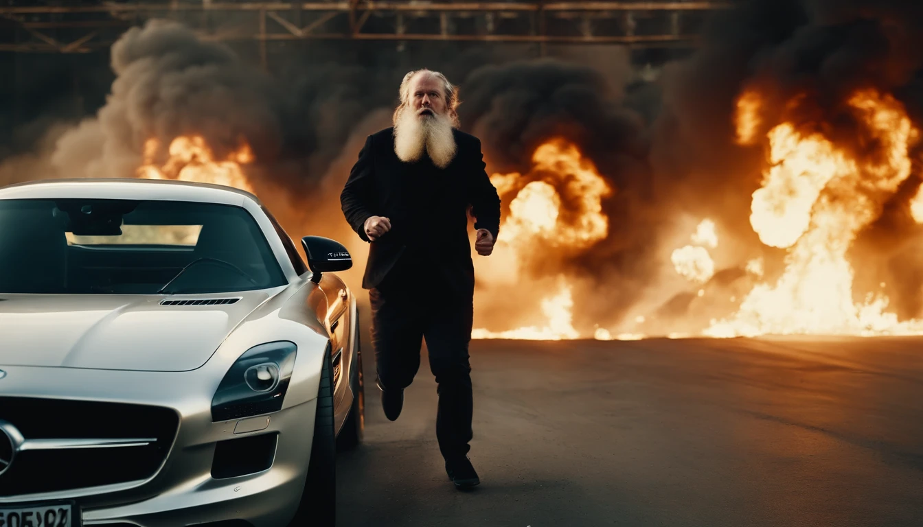 Angry fat old running man with a long beard in a burning mercedes sls amg factory with explosions, intense