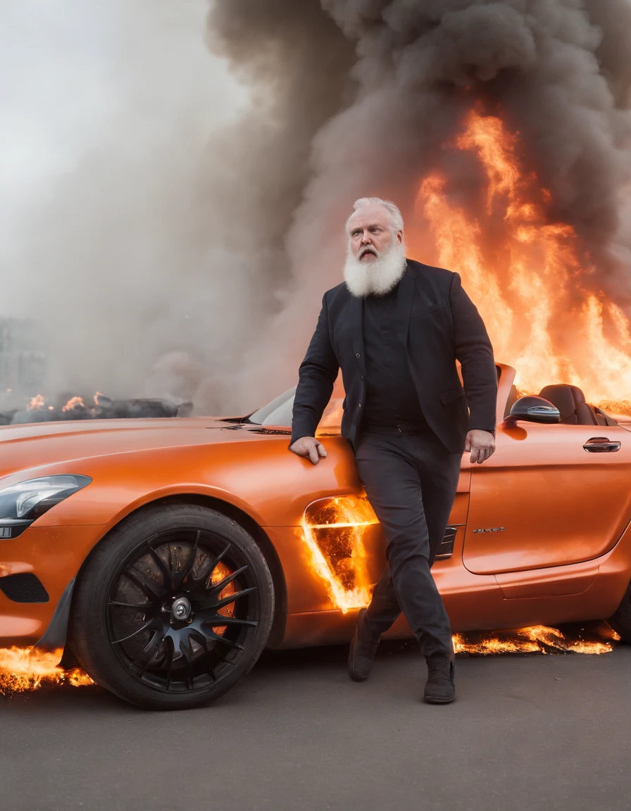 Angry fat old running man with a long beard in a burning mercedes sls amg factory with explosions, intense
