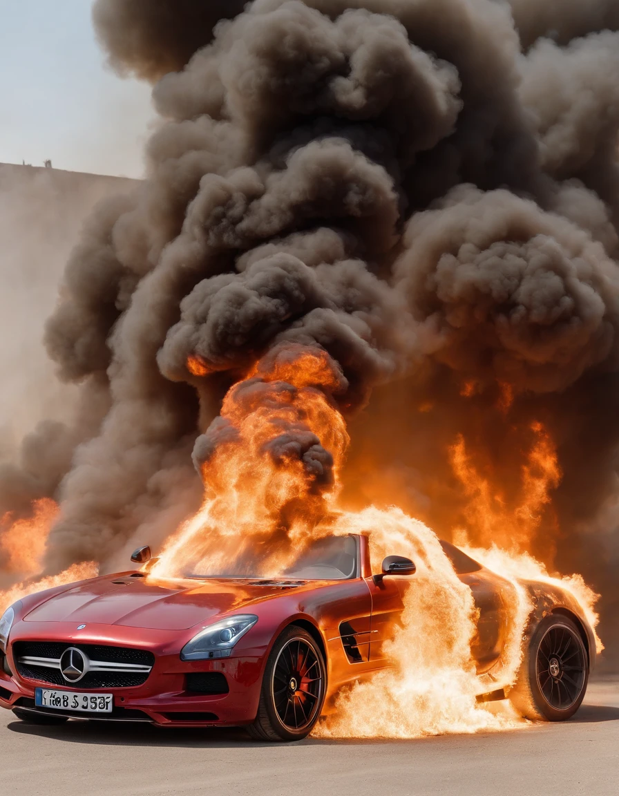 Angry fat old running man with a long beard in a burning mercedes sls amg factory with explosions, intense