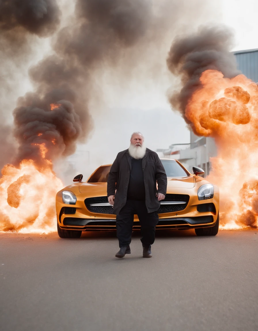 Angry fat old running man with a long beard in a burning mercedes sls amg factory with explosions, intense