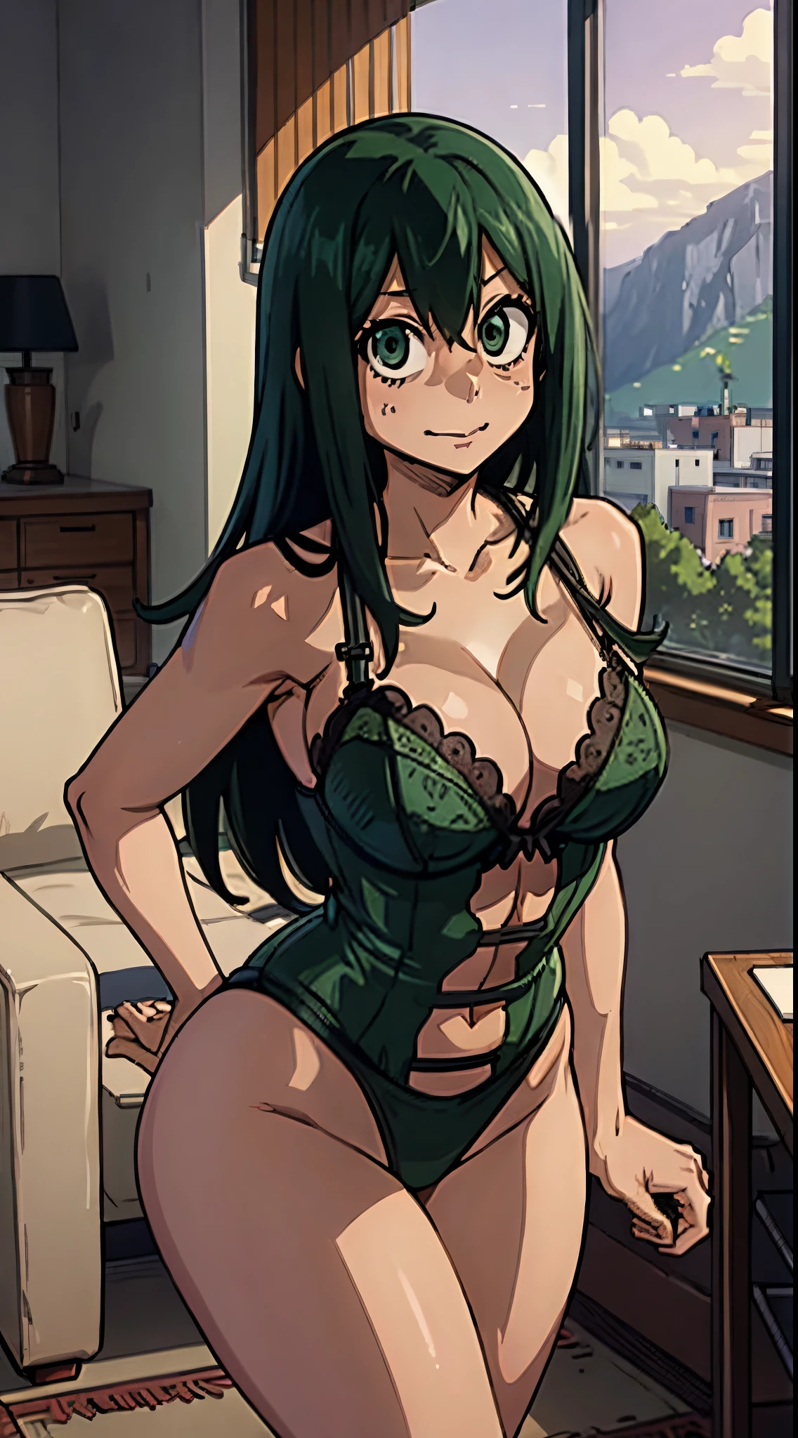 (best quality:1.3), Tsuyu Asui by boku no hero , (looking at the view), busty, cleavage, seductive, sexy, curvy body, ((leaning forward)), ((lingerie)), ((livingroom)),