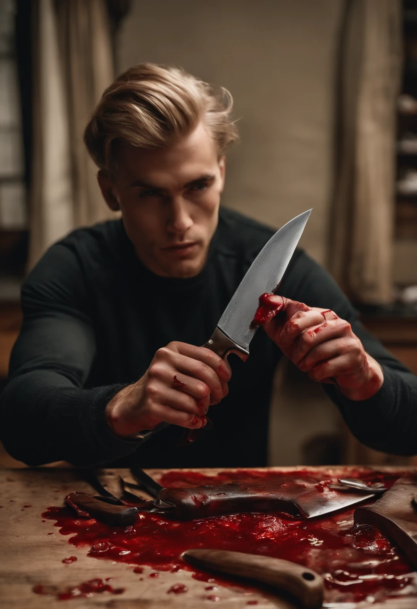 A close-up of a knife covered in blood, hidden in a drawer along with a collection of other knives.,original,He looks like your average everyday guy. He never wants to stand out in a crowd. He wants to look like everyone else. He is an average man.
