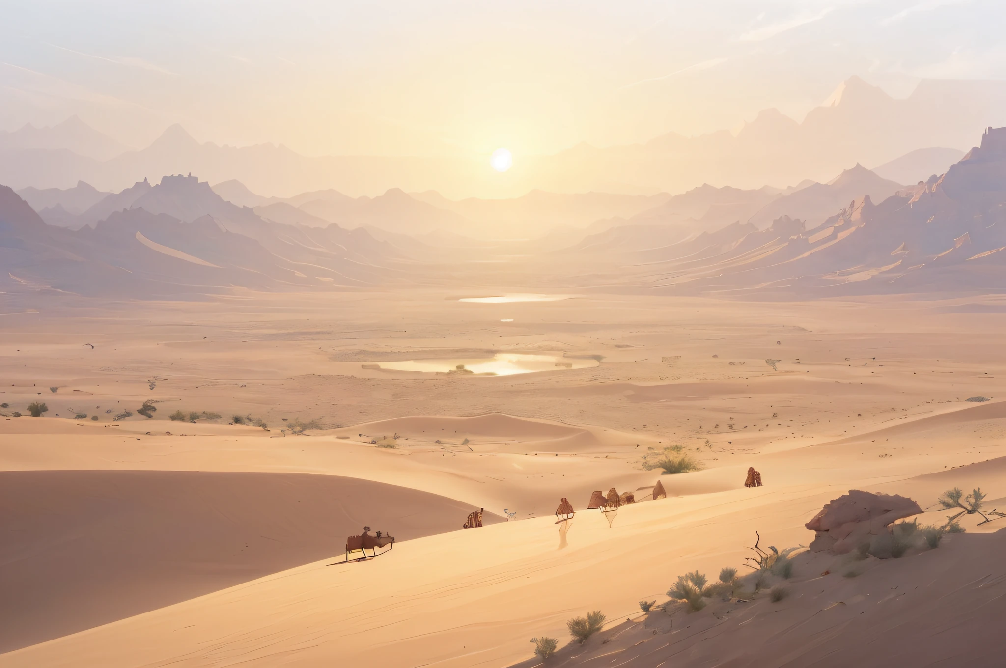 Desert landscape, There are crescent-shaped lakes in the desert,Surrounded by ancient buildings and sparse vegetation,in distance, There is a camel caravan traveling far under the sunset