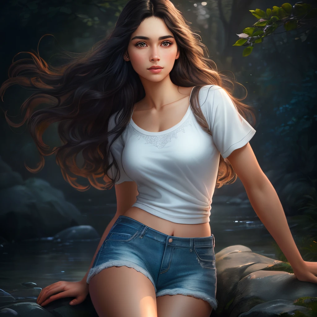 (best quality,ultra-detailed,realistic:1.37),portraits,photography,beautiful detailed eyes,beautiful detailed lips,semi-long dark hair,brown eyes,slim body,extremely detailed face,squeezable thighs,medium breasts,loose clothing,shorts,light skin,intense lighting,vivid colors