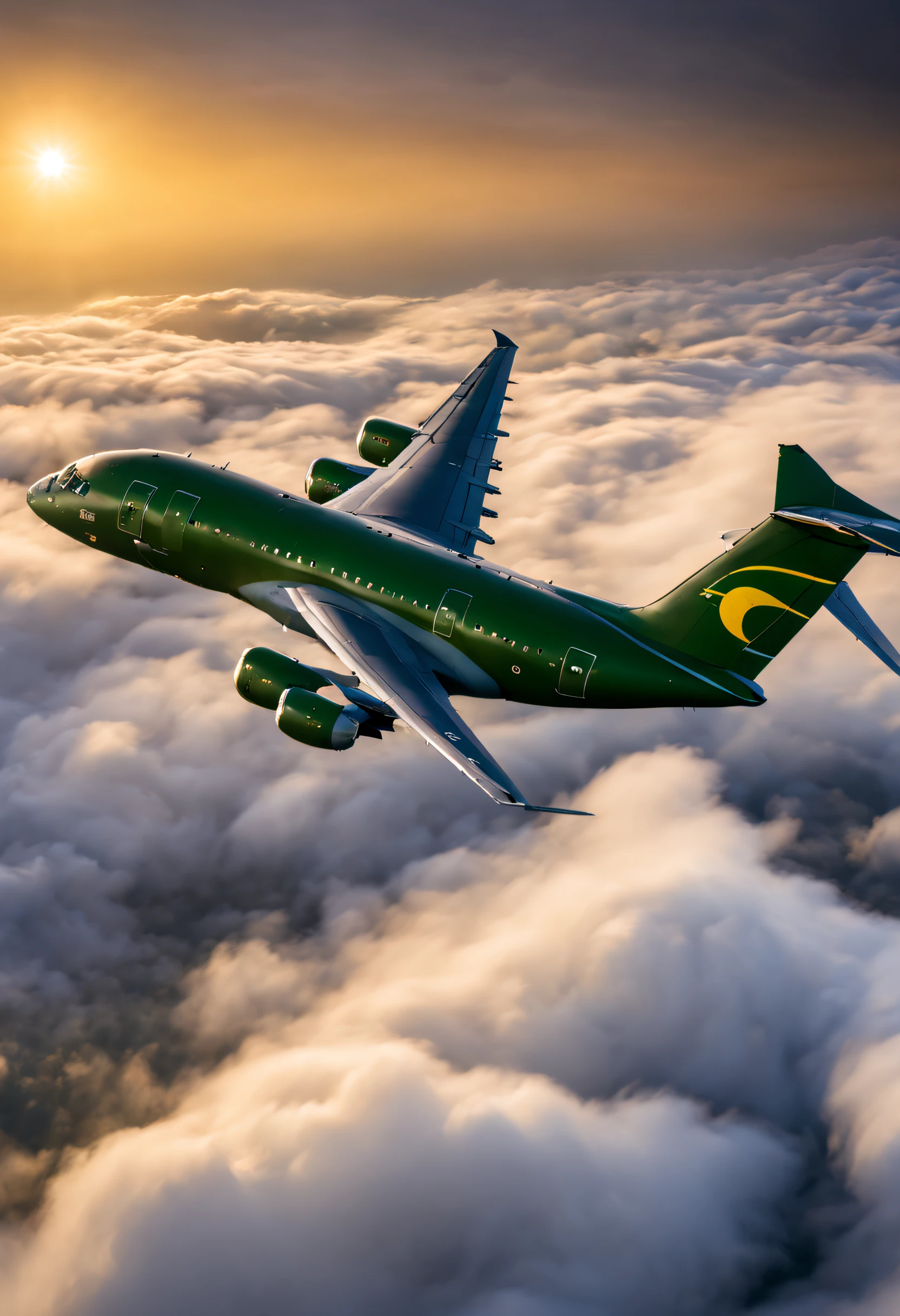 Embraer KC 390 military cargo plane from FAB - Brazilian Air Force Flying above the clouds in the late afternoon twilight