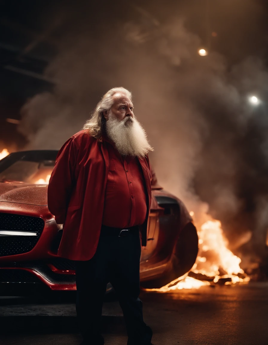 Angry fat old man with a long beard in a burning mercedes sls amg factory with explosions, intense, rain, night, exploding factory, chemical explosions