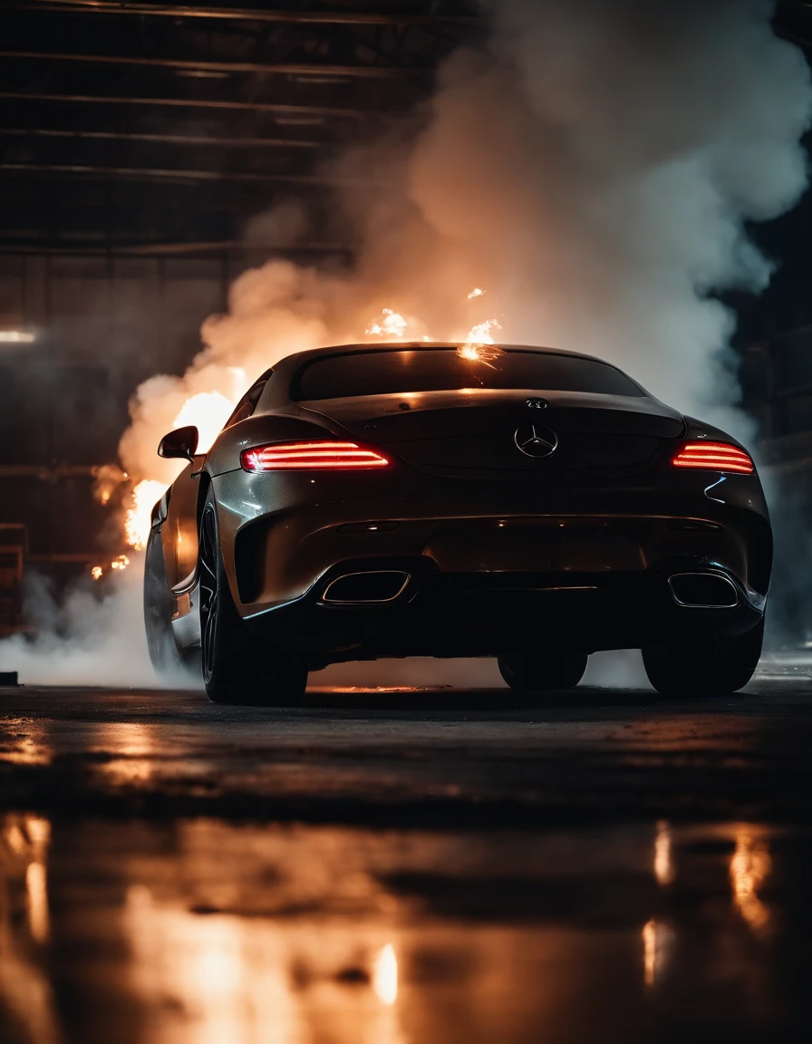 Angry fat old man with a long beard in a burning mercedes sls amg factory with explosions, intense, rain, night, exploding factory, chemical explosions