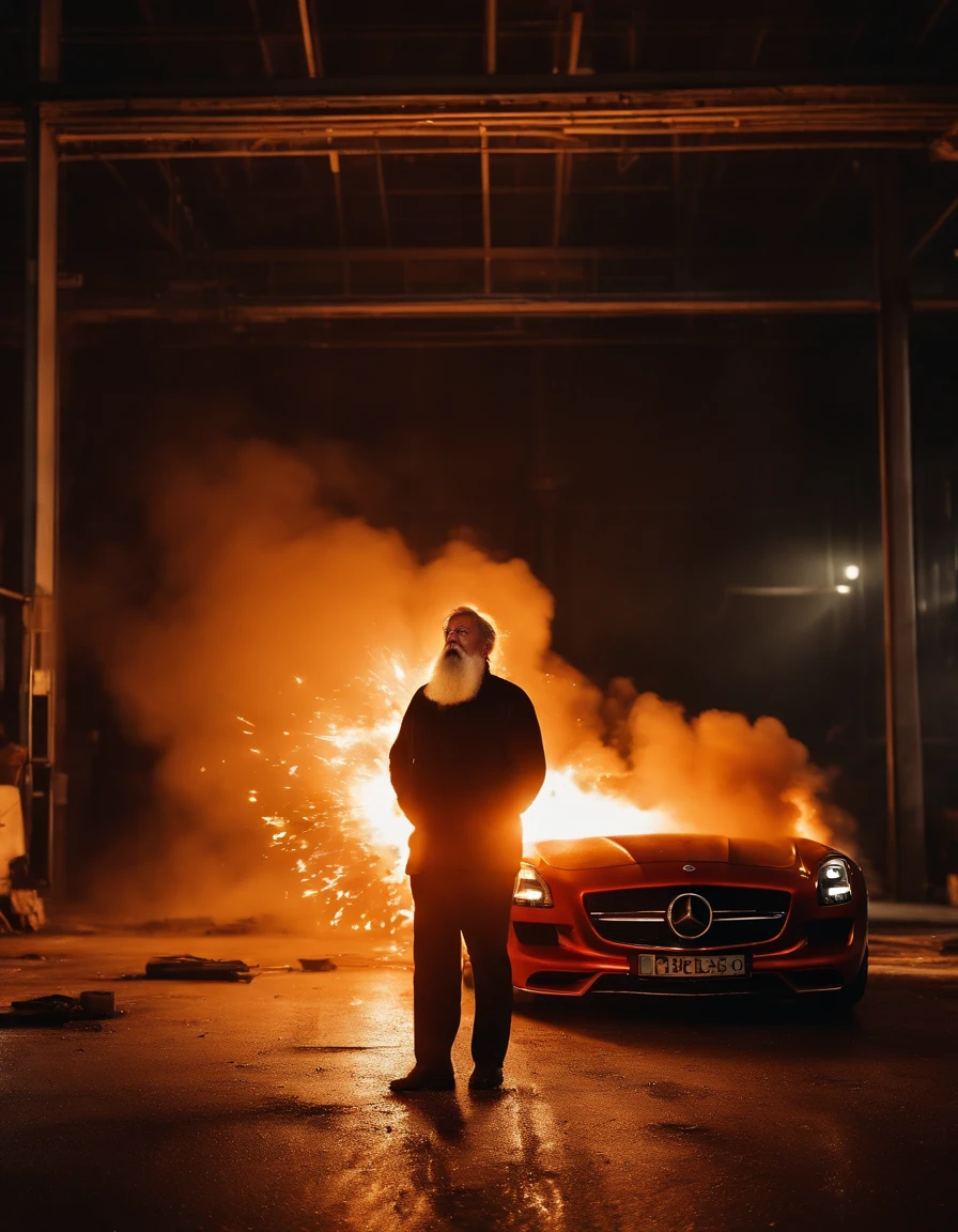Angry fat old man with a long beard in a burning mercedes sls amg factory with explosions, intense, rain, night, exploding factory, chemical explosions