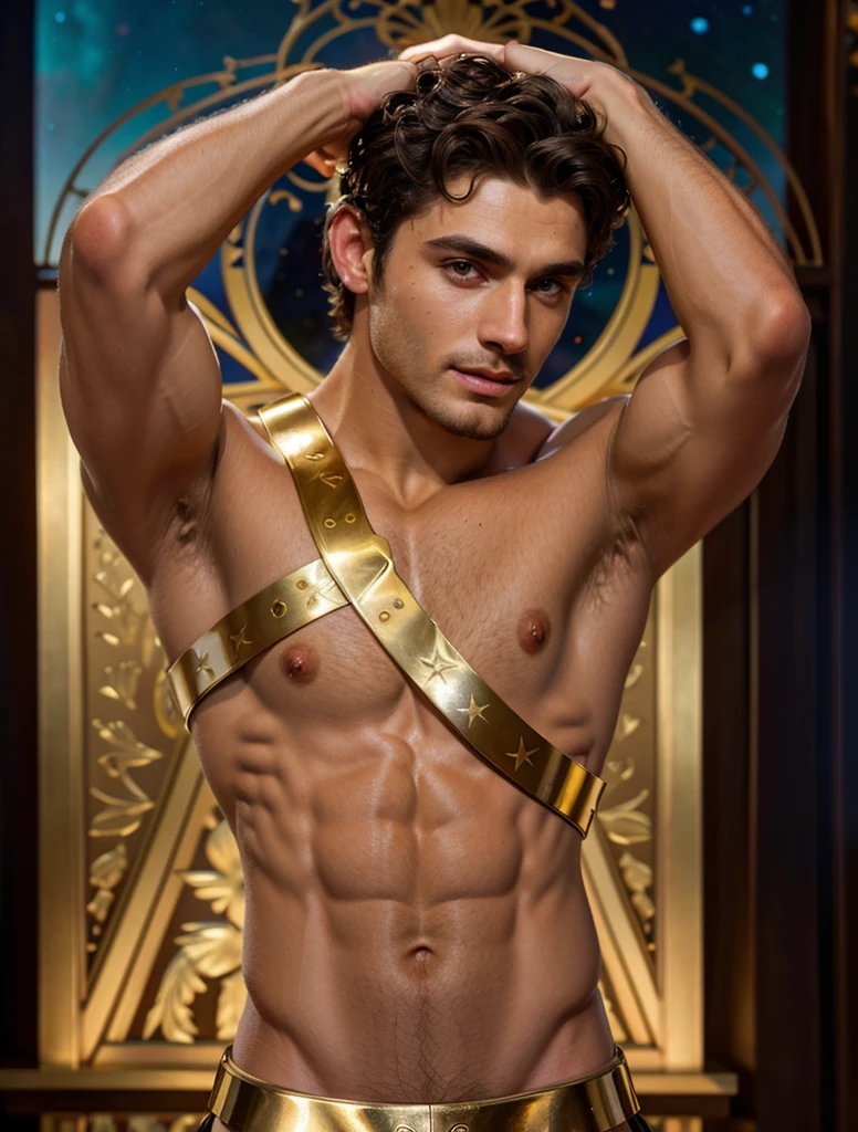 Fantasy, hyperrealistic oil painting portrait photo, art by Alphonse Mucha: john william waterhouse: Charles Dana Gibson: charlie bowater:, of (1 men) 25 y.o, naked, musculine, man in royal regalia wearing a golden wonder woman armor style, covered with diamond. his face is mix of  omar borkan al galla: will smith; henry cavill; jason momoa; timothée chalamet;, clean shaven, smooth body no hair, Very handsome golden ratio face, starry night, A giant moon behind the mountains, A prambanan temple in tranquil lake reflecting the night scene bakground bokeh, photo-realism, uhd, dslr, red hairband, seductive smile, (photorealistic:1.3), soft lighting, Fujifilm, 85mm, f/4.0, lens flare, high detail, cinematic lighting, (best quality:1.0), high quality, masterpiece, 8k, anatomically correct, award winning, best quality