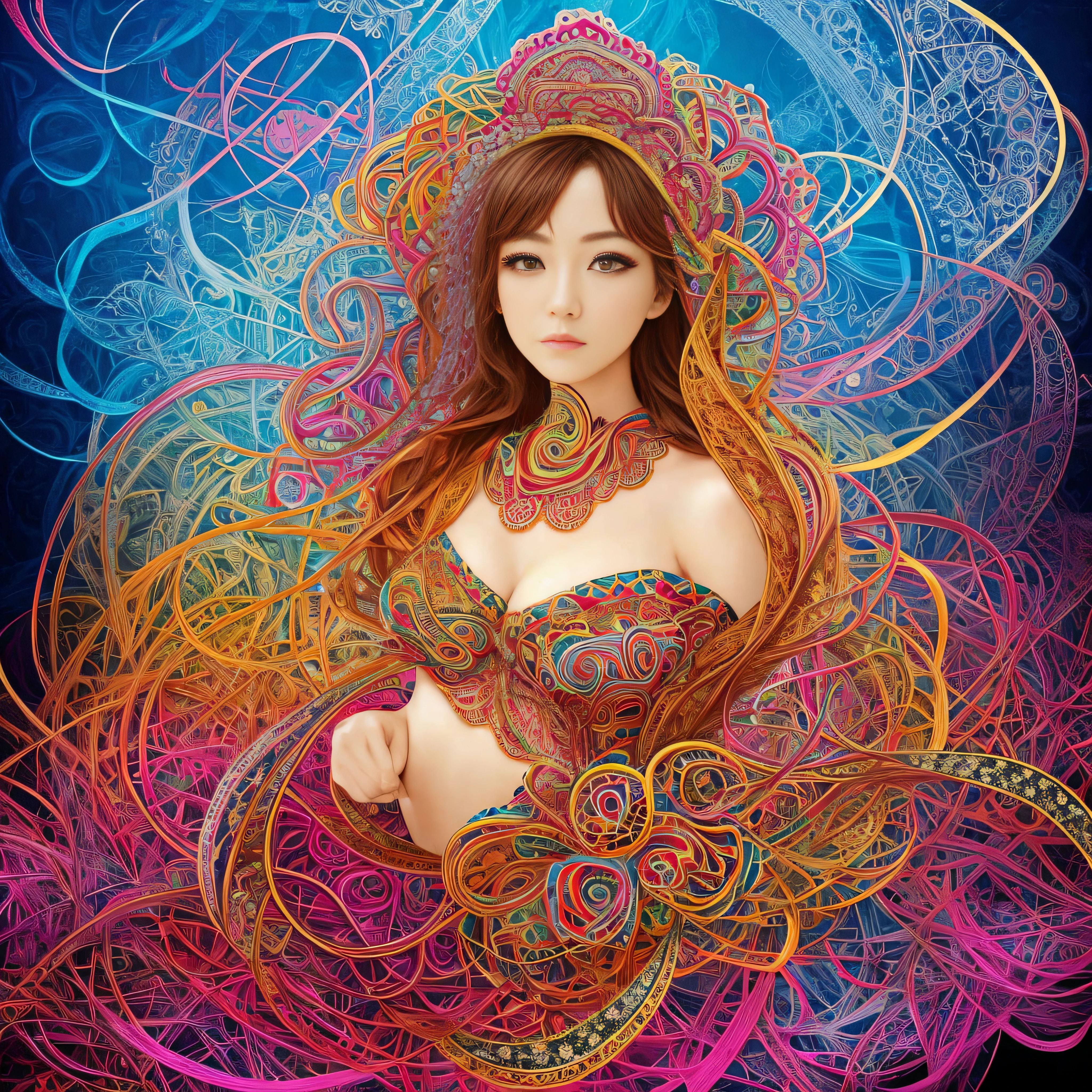 Official art, Unity 8k壁纸, ultra-detailliert, Beautiful and aesthetic, masutepiece, Best Quality, (Zentangle, mandalas, Tangle, Entangle), (Fractal Art:1.3) , 1womanl, Big Breast, Extremely detailed, Dynamic Angle, cowboyshot, Most Beautiful Form of Chaos, Elegant, a brutalist designed, vivd colour, romanticism, Atmospheric, ecstasy of musical notes, streaming musical notes visible