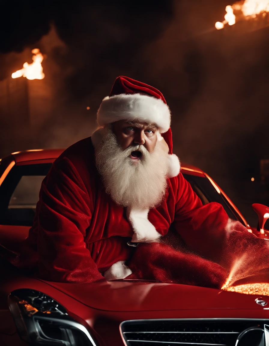 Angry fat santa claus with a long beard in a burning mercedes sls amg factory with explosions, intense, rain, night, exploding factory, chemical explosions