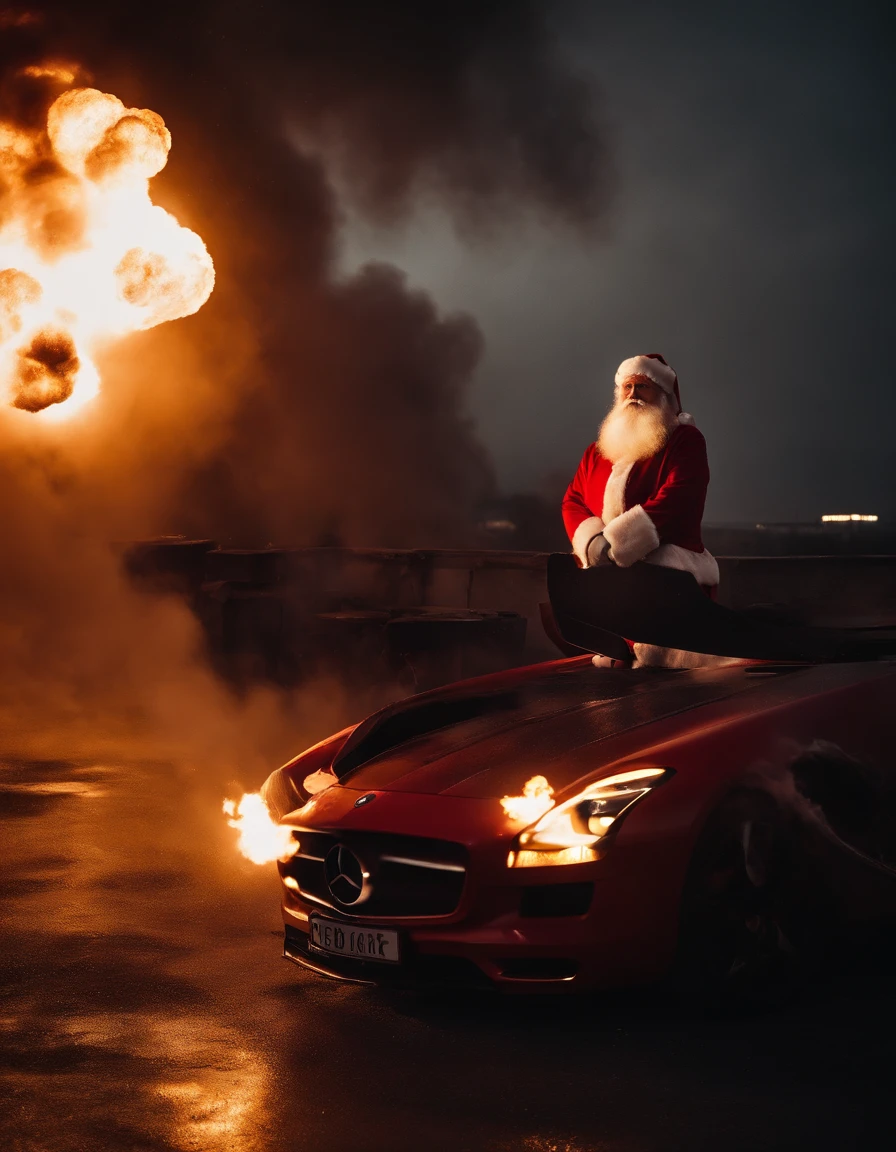 Angry fat santa claus with a long beard in a burning mercedes sls amg factory with explosions, intense, rain, night, exploding factory, chemical explosions