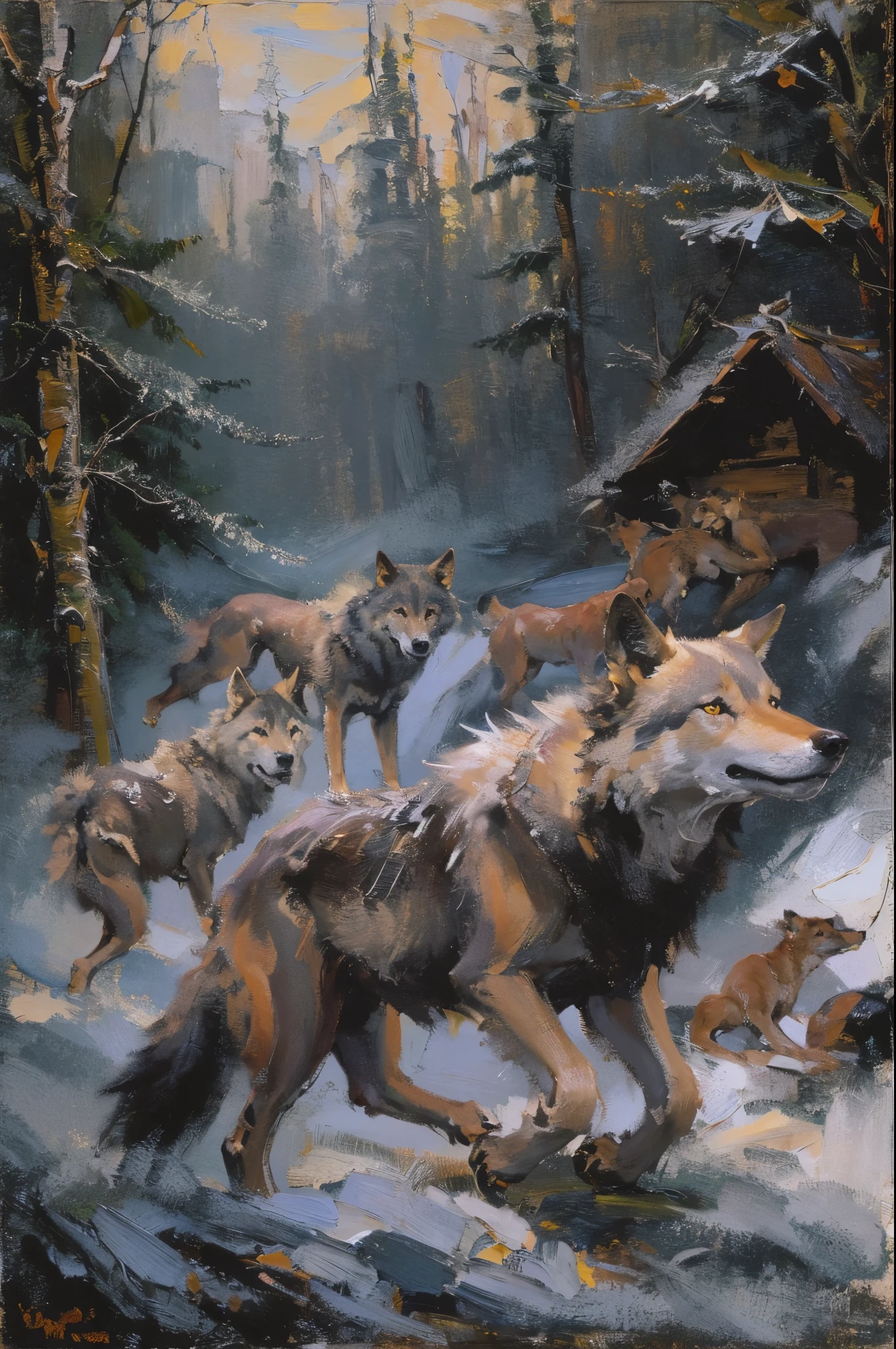 Picture a pack of wolves looking for food,Add some scenes：in dark jungle，wood cabin in distance，(Fechin Oil Painting - Fechin Oil Painting , oil painted),