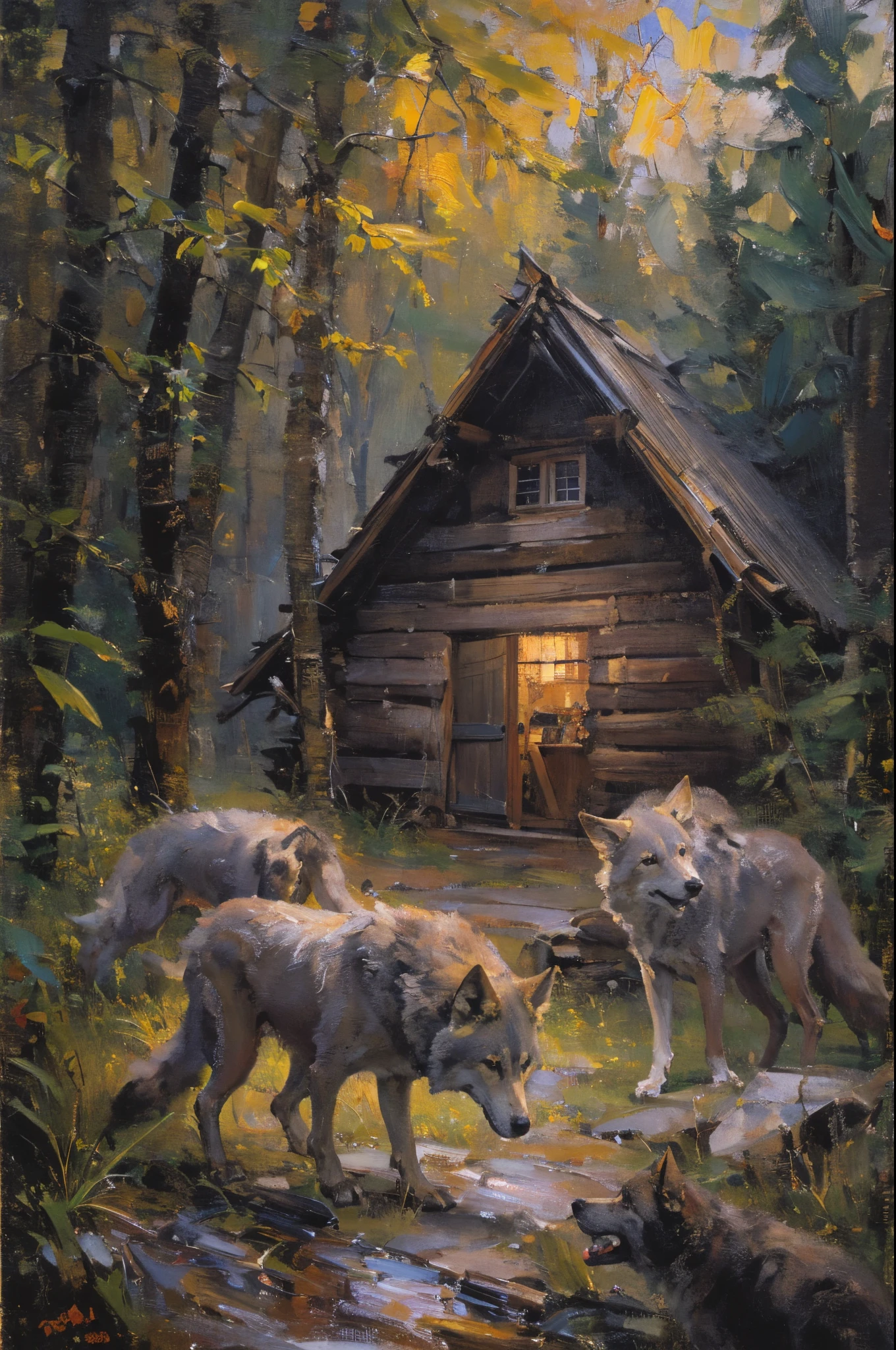 Picture a pack of wolves looking for food,Add some scenes：in dark jungle，wood cabin in distance，(Fechin Oil Painting - Fechin Oil Painting , oil painted),