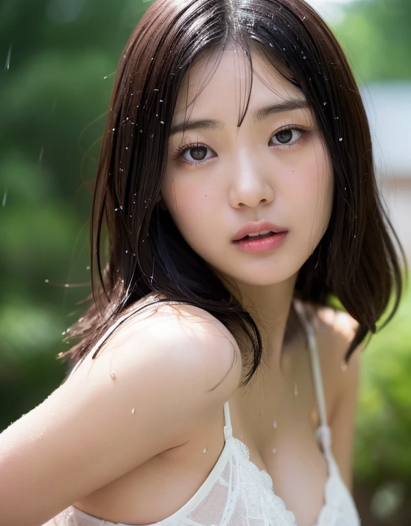 (top-quality、4K、​masterpiece:1.3)、Beautuful Women、1girl in、(breastsout、attractive bodies:1.2)、abdominals:1.1、dark brown  hair:1.1、(rainy wet、Rain-drenched body:1.2)、hyperdetailed face、Detailed lips、A detailed eye、二重まぶた、cowboy  shot、Crouching、Kiss Face,sad Facial expression,embarassed expression,Alafed Girl, chiho, iwakura lain, closeup Iwakura Lain, With short hair, Shiori Teshirogi, Kotegawa Yui, hime-cut, She is , sui ishida with black hair, lain iwakura, girl cute-fine-face, Clear pubic contours,(Small breasts), hight resolution, ighly detailed, top-quality, [​masterpiece:1.6],, ighly detailed, nffsw, finely detail, top-quality, , Cinematographic lighting, 1girl in、17 age、Cute Japan Girls、perfect body type、, Cute droopy eyes、Beautiful big eyes、ultra-detailliert、hight resolution、Transcendent beauty　top-quality、​masterpiece、majicMIX Real、(Raw photography:1.2)、(Photorealsitic:1.4)、