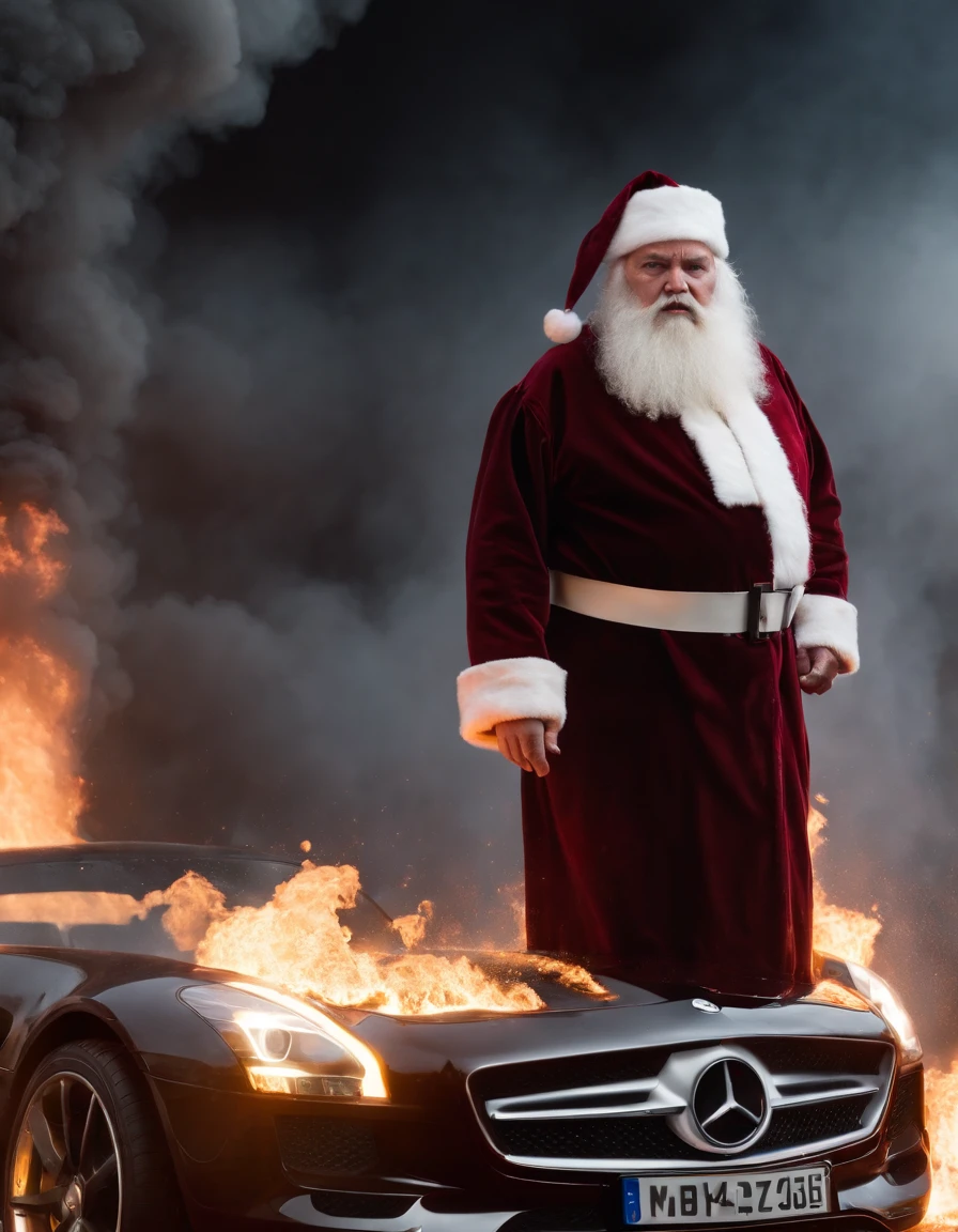 Angry fat santa claus in a black coat with a long beard in a burning mercedes sls factory with explosions, intense, rain, night, exploding factory, chemical explosions, atomic explosions