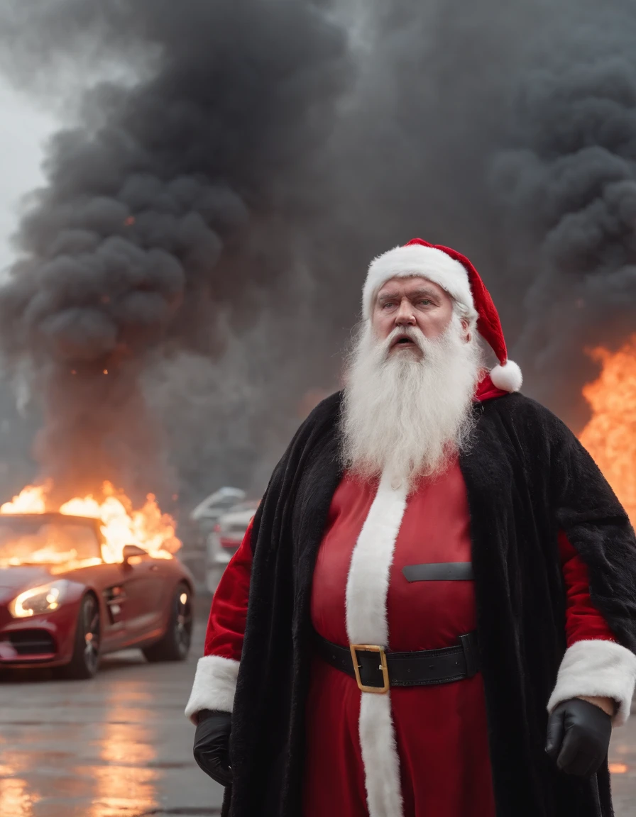 Angry fat santa claus in a black coat with a long beard in a burning mercedes sls factory with explosions, intense, rain, night, exploding factory, chemical explosions, atomic explosions