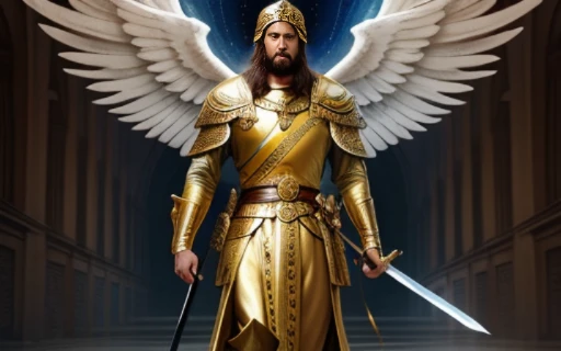 anjo masculino de deus, anjo masculino, The angel of God's army, Golden Army, Rosto detalhado, army, drawn sword weapon, face sem defeito, Normal face, barba grande, barba judeu, tempestade, Towards the Heavens, celestial, divino, fotorrealista, renderizado, 4k, 8k, texturas detalhadas, sombras detalhadas, decente, cores detalhadas, anjo masculino de deus, Contraste realista, Texturas fotorrealistas, cores detalhadas, cores realistas, sombras detalhadas, olhos naturais, olho detalhado, olho normal, olhos normais, belos olhos,