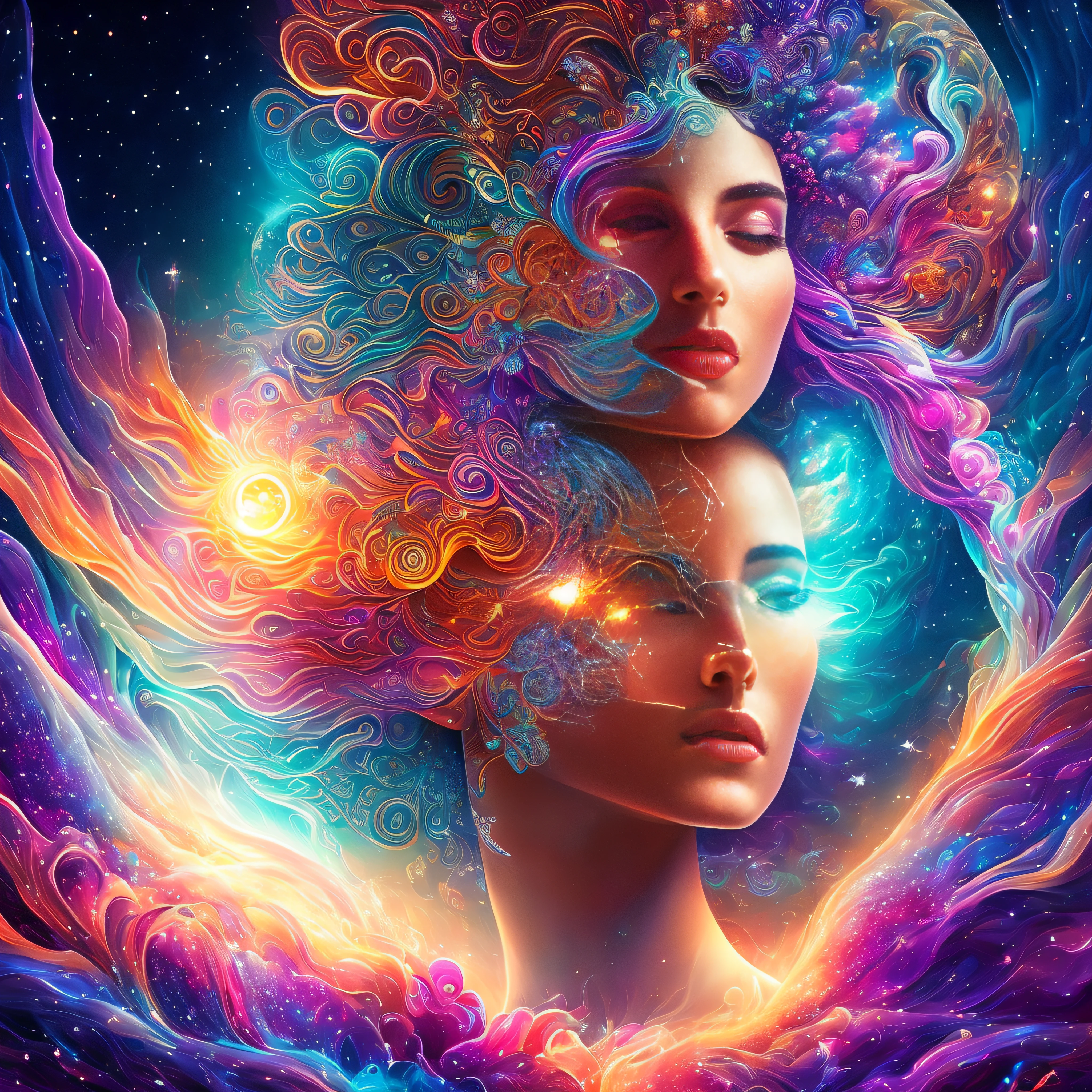 Plunge into the ether that flows with the eternal soul through the vibrations of love, Everything is connected, Flowing energy, spiritual, divine, Dreams, cosmic, concept-art, Blowing the Mind, Female beauty, god, Pineal gland, dreamlikeart