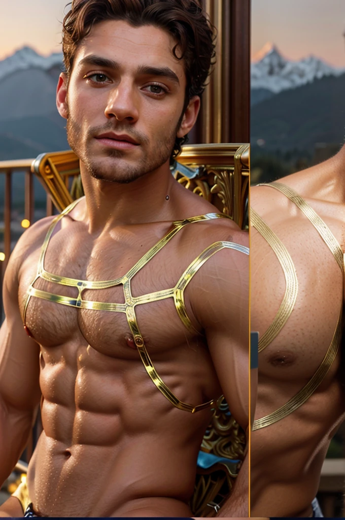 Fantasy, hyperrealistic oil painting portrait photo, art by Alphonse Mucha: john william waterhouse: Charles Dana Gibson: charlie bowater:, of (1 men) 25 y.o, naked, musculine, man in royal regalia wearing a golden wonder woman armor style, covered with diamond. his face is mix of omar borkan al galla: will smith; henry cavill; jason momoa; timothée chalamet;, clean shaven, smooth body no hair, Very handsome golden ratio face, starry night, A giant moon behind the mountains, A prambanan temple in tranquil lake reflecting the night scene bakground bokeh, photo-realism, uhd, dslr, red hairband, seductive smile, (photorealistic:1.3), soft lighting, Fujifilm, 85mm, f/4.0, lens flare, high detail, cinematic lighting, (best quality:1.0), high quality, masterpiece, 8k, anatomically correct, award winning, best quality