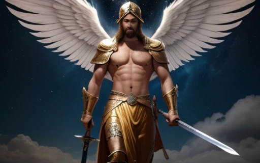 God's Angel, Anjo Masculino de GOD, God's golden Army, naughty man, Masculine Male, mighty, Jewish Hebrew Beard, Detailed Realistic God's Angel, photorrealistic, ultrahd, fotorrealism, epic, photorealistic landscape, golden sunset, sky, sky Power, Detailed realistic sunset, mountainous landscape, Rivers of water, sunset Realism, alone men, GOD man, Man&#39;s beard, GOD's Army Angel, armour Divina, golden Army, Silver Army, armour, Soldier Angel, Detalhes photorrealistics, GOD's angel masculino, GOD's Army, GOD's Hebrew, GOD's Strong Angel, GOD's Power, angel masculino, male man, Camisa padoru, elegant shirt, Closed blouse, closed shirt, long-sleeved shirt, golden, Tunica, GOD&#39;angel, barba, naughty man com barba, Large Beard, Barba Judaica, Hebrew, panorama, Alpha Male, Caminho para o sky, heavenly, 8K Detailed Realistic Image, 16K Photorealistic Contrast, 8K Photorealistic Sharpness, Photorealistic 4K cores, 16K Photorealistic Shadows, 8K Photorealistic Textures, 16K Photorealistic Texture, 4K Photorealistic Light, fotorrealism 4K, FullHD 4K Detailed Contrast, detailed sharpness FullHD 8K, detailed sharpness FullHD 4K, detailed sharpness, 2K detailed colors, lifelike colors, FullHD Detailed Shadows, 4K Detailed Textures, detailed texture, padoru, natural beautiful, posh 