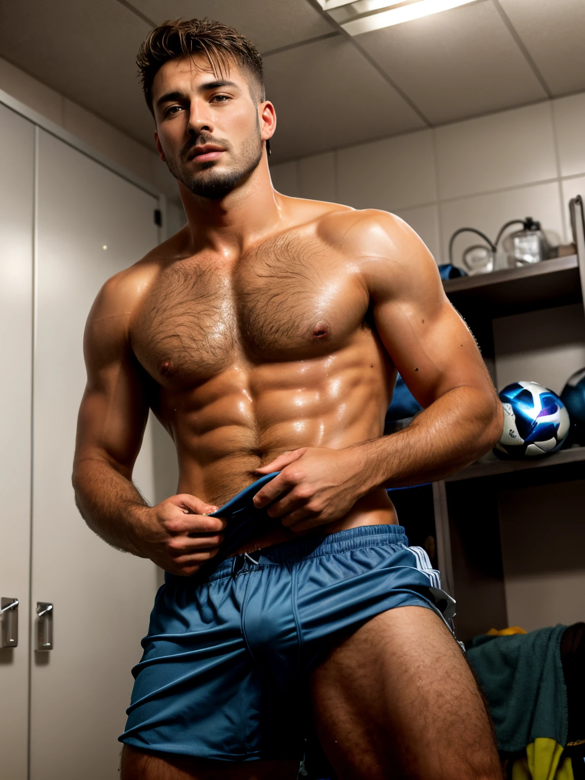 masterpiece, best quality, high resolution, closeup portrait, male focus, two guys, sweaty attractive two soccer players touching and hugging, detailed face, 30 years old, blonde, visible ass, gay, erotic, short trimmed mustache, goatee, hairy body, facial hair, pretty and cute masculine face, sexual tension, bare chest, sweaty body, hairy legs, in the background a lockeroom with many other shirtless soccer players, amazing composition, front view, HDR, volumetric lighting, ultra quality, elegant, highly detailed