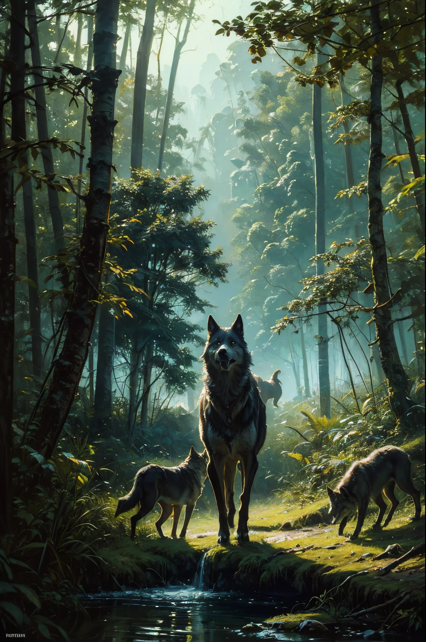 Picture a pack of wolves looking for food,Add some scenes:in dark jungle,wood cabin in distance,(Fechin Oil Painting - Fechin Oil Painting , oil painted), 3
