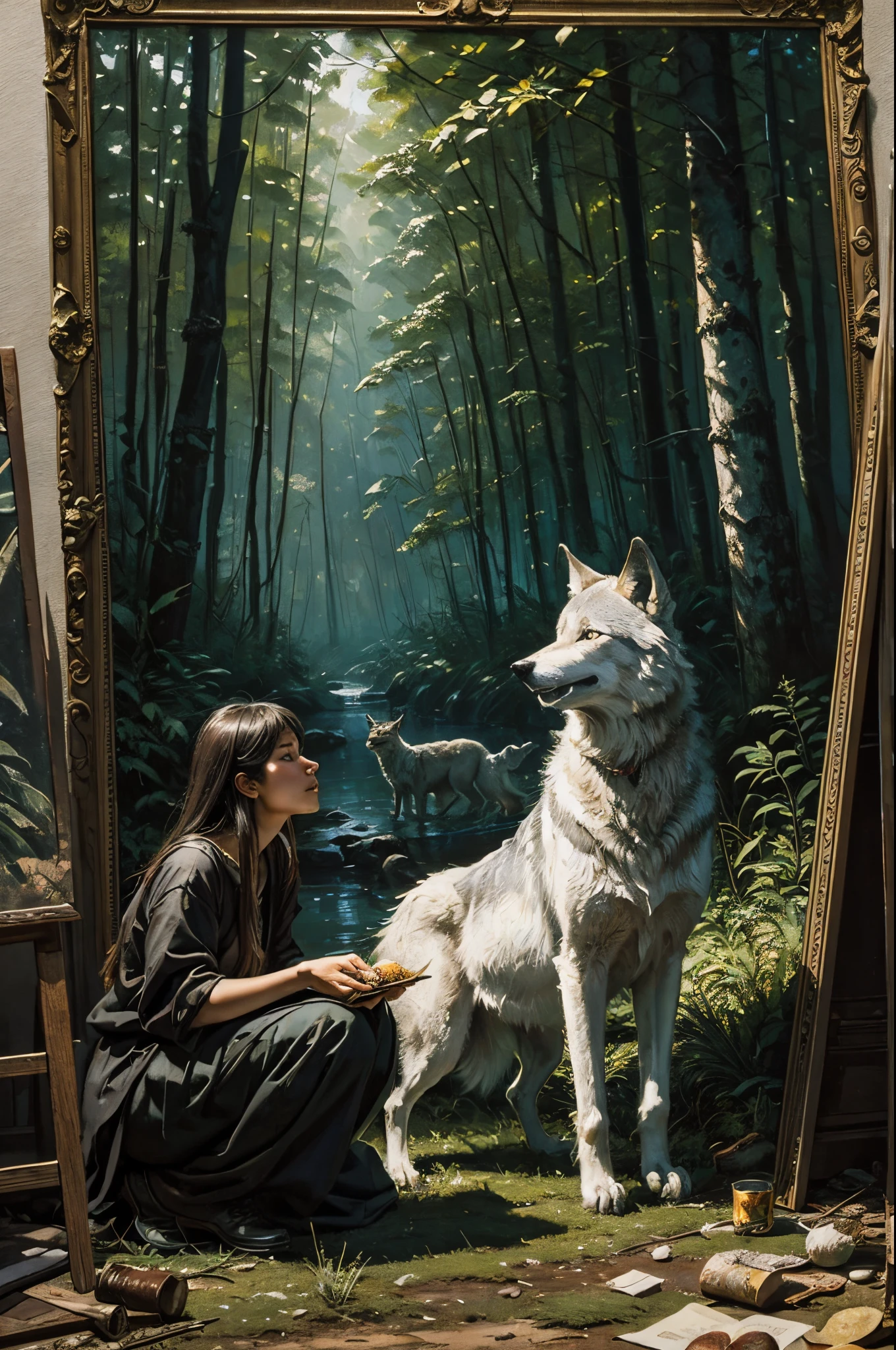 Picture a pack of wolves looking for food,Add some scenes：in dark jungle，wood cabin in distance，(Fechin Oil Painting - Fechin Oil Painting , oil painted), 3