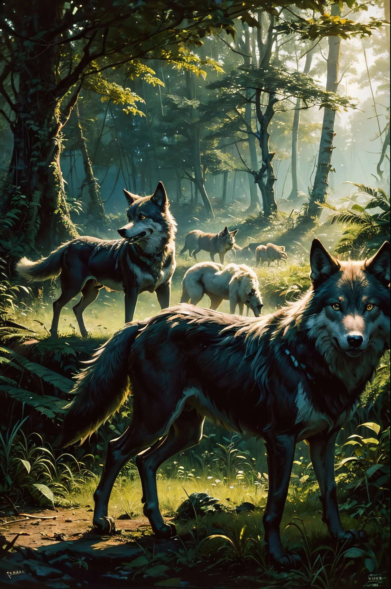 Picture a pack of wolves looking for food,Add some scenes:in dark jungle,wood cabin in distance,(Fechin Oil Painting - Fechin Oil Painting , oil painted), 3