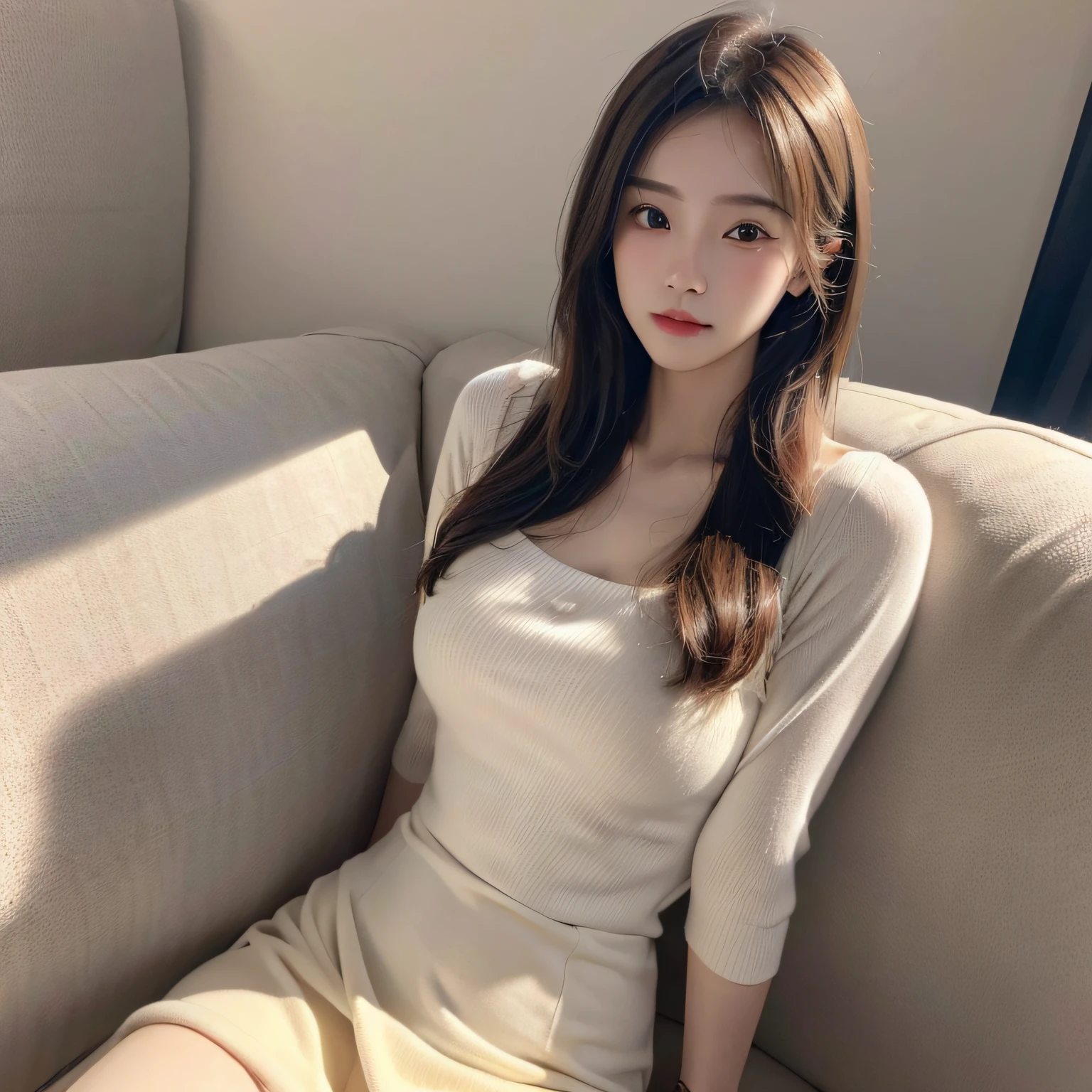 masterpiece, best quality, illustration, Super detailed, fine details, High resolution, 8K,wall paper, perfect dynamic composition,(Details High quality, realistic depiction of eyes:1.3), Long sleeve shirt、Hair length、A fluffy white sweater, choker, hotel room, black hair color, Big Natural Color Lip, sexy pose, crying a little、Harajuku style、20 year old girl、cute type、lolita, hposing Gravure Idol, full body photo, Don't expose it, huge breasts