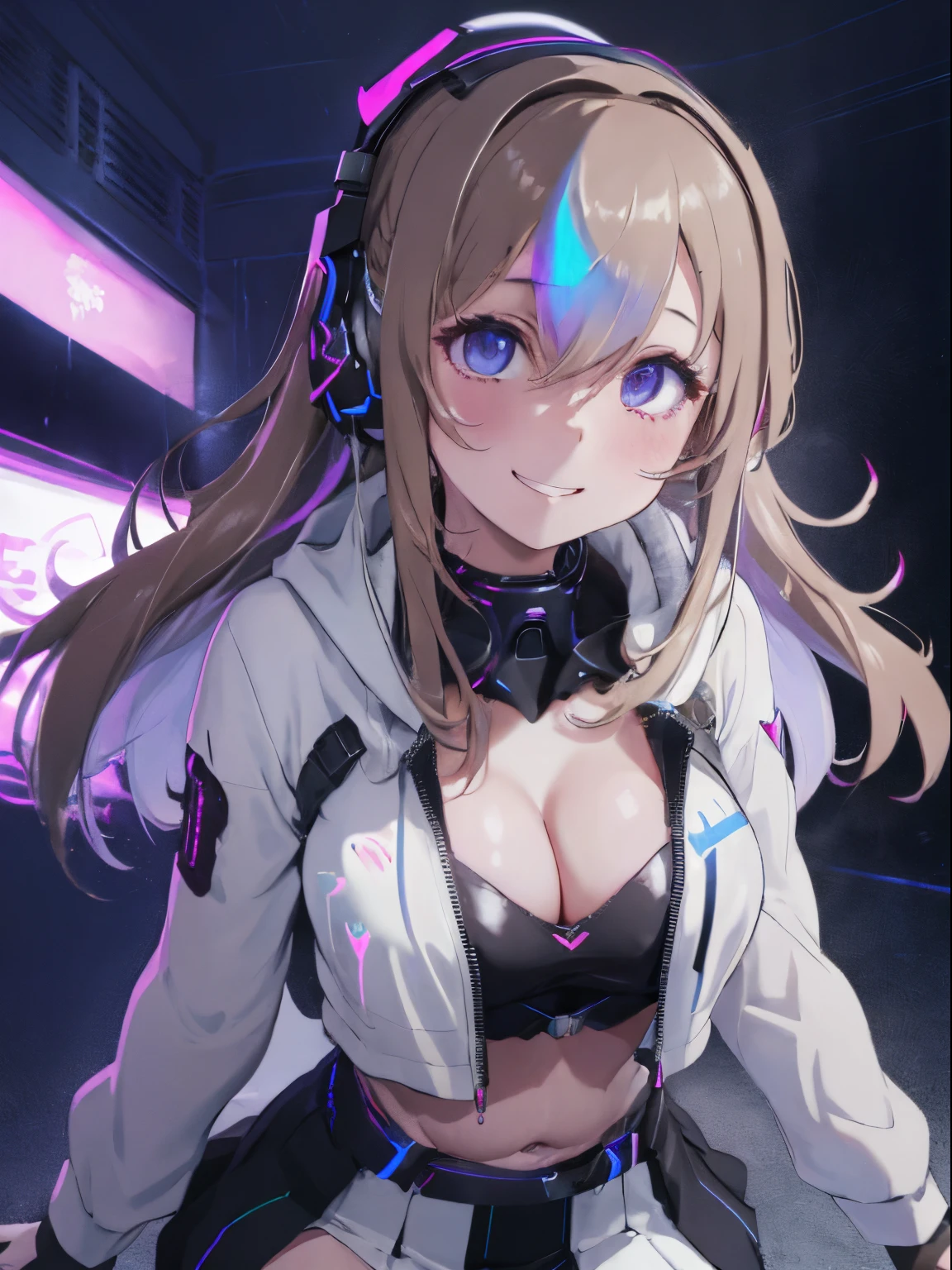 A world where neon lights shine with cyber techno,fluffy hair,light brown and iridescent hair,white,Irridescent color,rainbow,Wearing headphones,Navel style long sleeve tops,hoods,asymmetric skirt,garterbelts,Slight red tide,Lean forward and bring your face closer,Kamimei,plump and glossy skin,My chest is getting higher,;I'm holding my chest with my hand,bold ballet,Leaning forward to see cleavage,Nipple bumps,Smile on his face,AHE Face,ecstacy,A face full of pleasure,SEX,white liquid dripping down from crotch,Hollow eyes,hypnotized and dazed,Eyes are hearts,